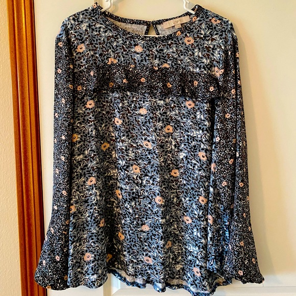 LOFT Tops - Loft Floral Blouse with Long Sleeve Ruffle Detail-Large- Blue/Pink